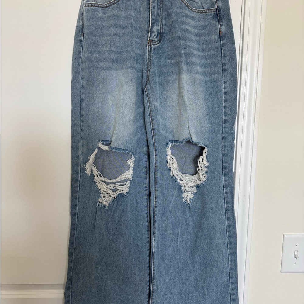 SHEIN Blue Flare Wide Leg Jeans with Knee Distressing